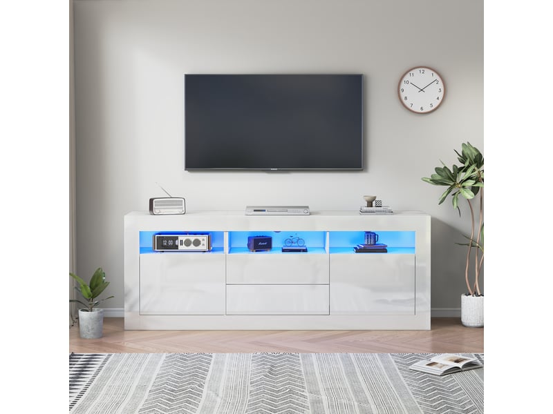  Meuble tv 160x35x60 cm brillant led, 3 niches, 2 portes, 2 tiroirs, contrôle par appli  - Conforama B