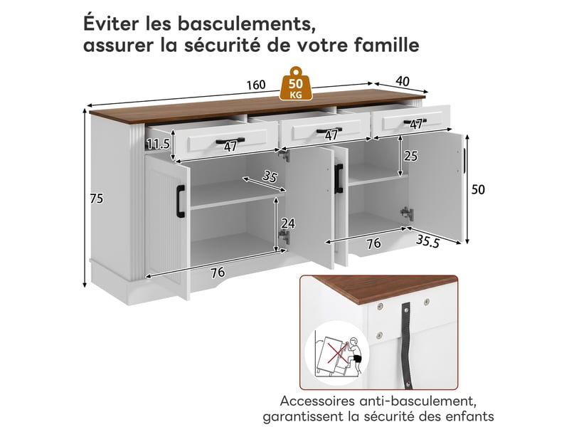  Buffet 160x40x75 cm, 4 portes rainurées, 3 tiroirs, étagères intérieures, poignées noires, rangement salon salle à manger - blanc  - Conforama C