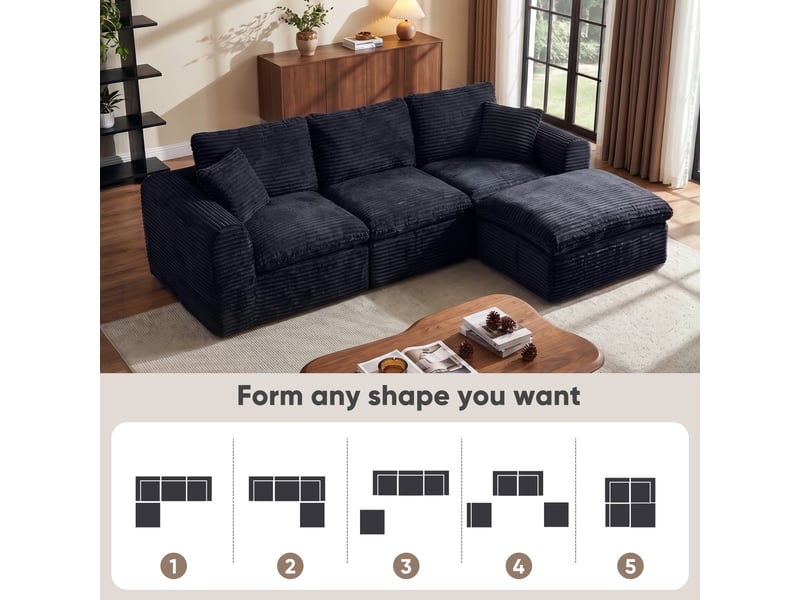 Canapé modulable compression 3 places,canapéà d'angle en l,280x180x65cm,velours côtelé,mousse et ressorts,noir et bleu - Conforama D