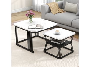 Tables basses gigognes avec 2 plateaux, effet marbre brillant, en mdf, blanc et noir, pour salon - uvrion