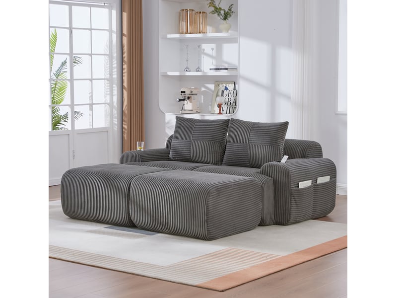 Canapé modulable 2 places avec 2 tabourets, librement combinable, incluant support à boissons et poche latérale de rangement, idéal salon, salle de séjour et autres pièces. Gris foncé - Conforama D