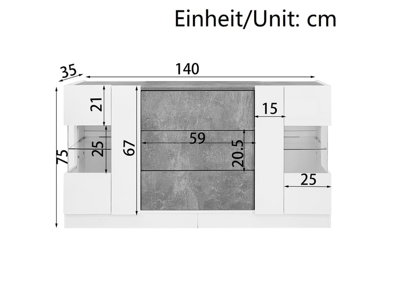  Buffet moderne 2 portes et 3 tiroirs, blanc brillant et effet marbre gris, 140x35x75 cm, led 16 couleurs  - Conforama C