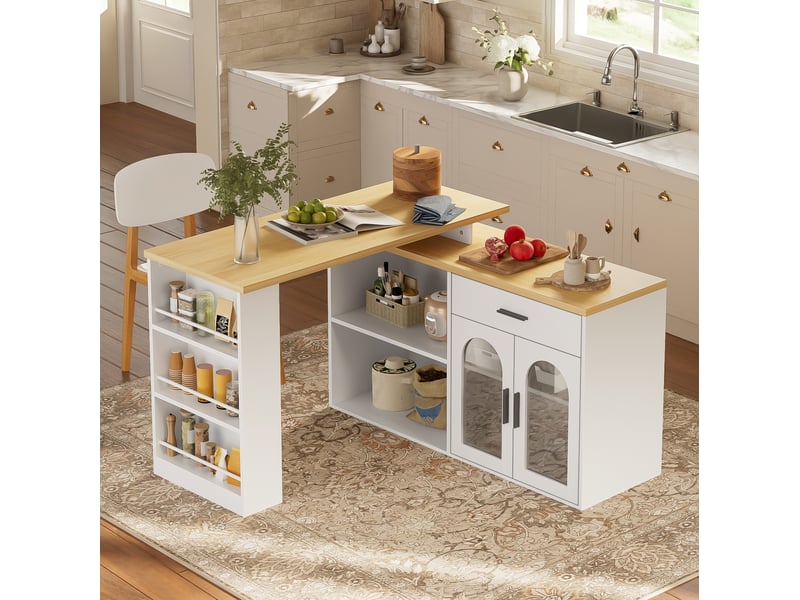  Îlot de cuisine fixe 136x50x78 cm blanc avec plateau pivotant à 360°  - Conforama B