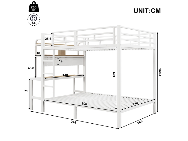 Lit mezzanine 200×140 cm avec bureau, rangements, éclairage led et port usb, sans matelas, en métal et mdf - Conforama D