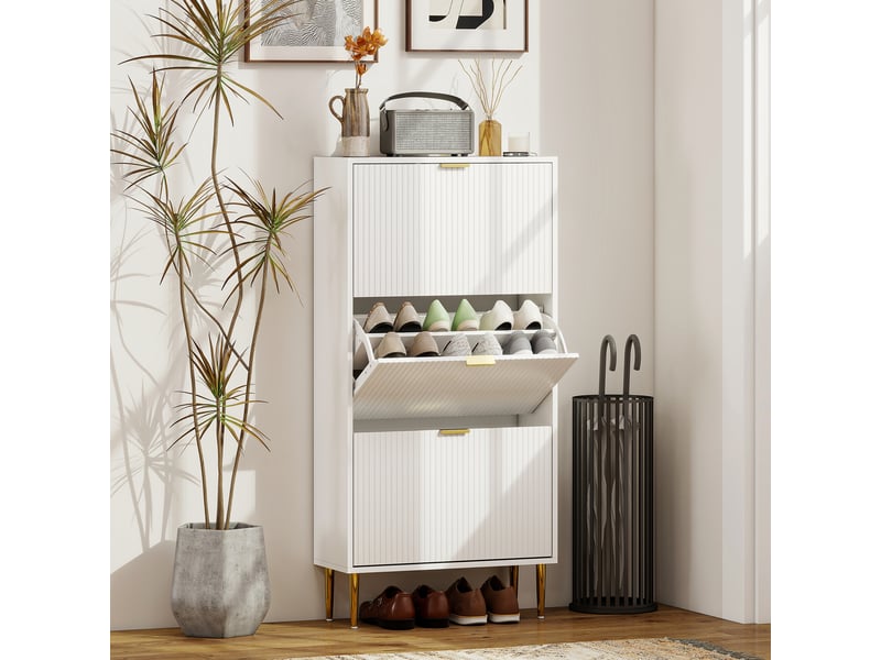  Meuble à chaussures 18 paires avec 3 tiroirs rabattables, portes cannelées et étagères réglables, 60x24x122,5cm, blanc  - Conforama B