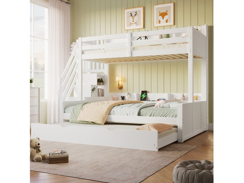 Lit mezzanine 90x200+140x200+90x190 cm avec lit gigogne, port usb, rangement intégré, mdf et pin, blanc sans matelas - Conforama D