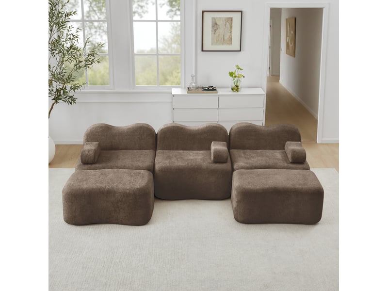 Canapé modulable ulevr 3 places en u avec 2 poufs, velours marron, assise profonde, 288 x 167 x 70 cm - Conforama B
