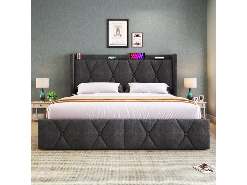  Lit coffre gris 160x200 cm avec chargeur usb intégré, 4 tiroirs, sommier bois - sans matelas  - Conforama D