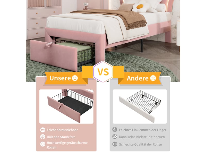 Lit enfant 90x190 velours rose avec tiroir de rangement, cadre de lit led rgb et tête de lit réglable motif floral - Conforama E