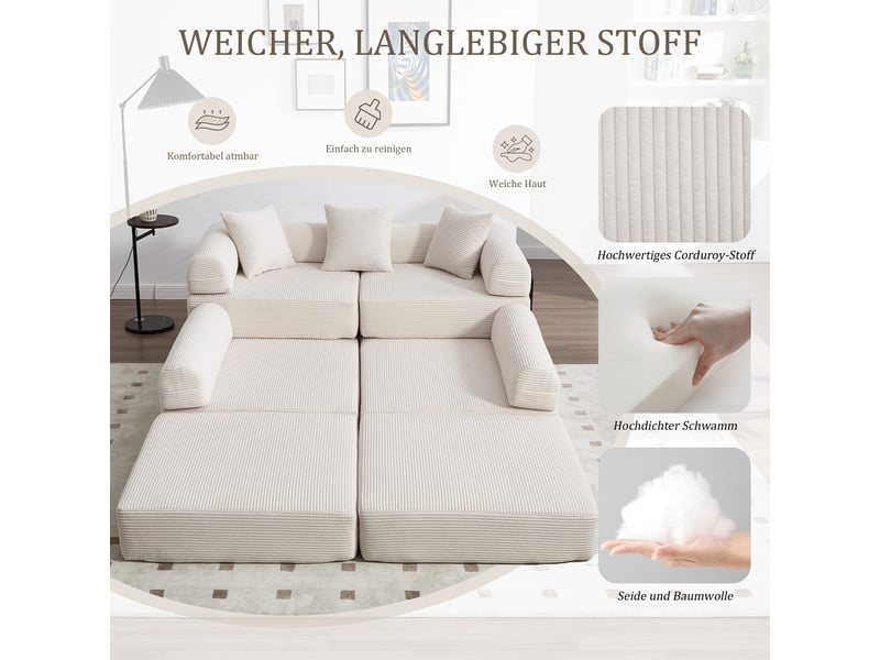 Canapé modulaire avec rangement 270x180x64 cm en velours côtelé beige, 3 places et modules séparables - Conforama D