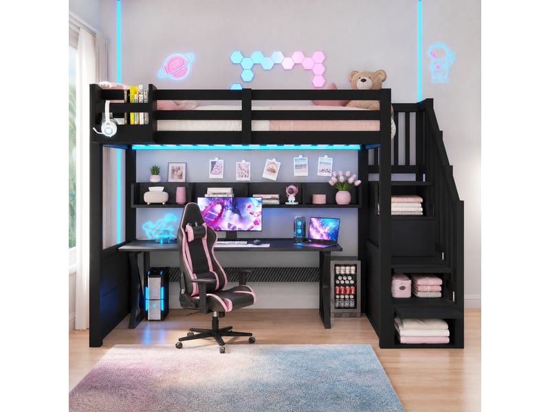  Lit mezzanine enfant simple 90×200 cm, led et rangements - okmyhome- escalier, sans matelas, bois noir  - Conforama C