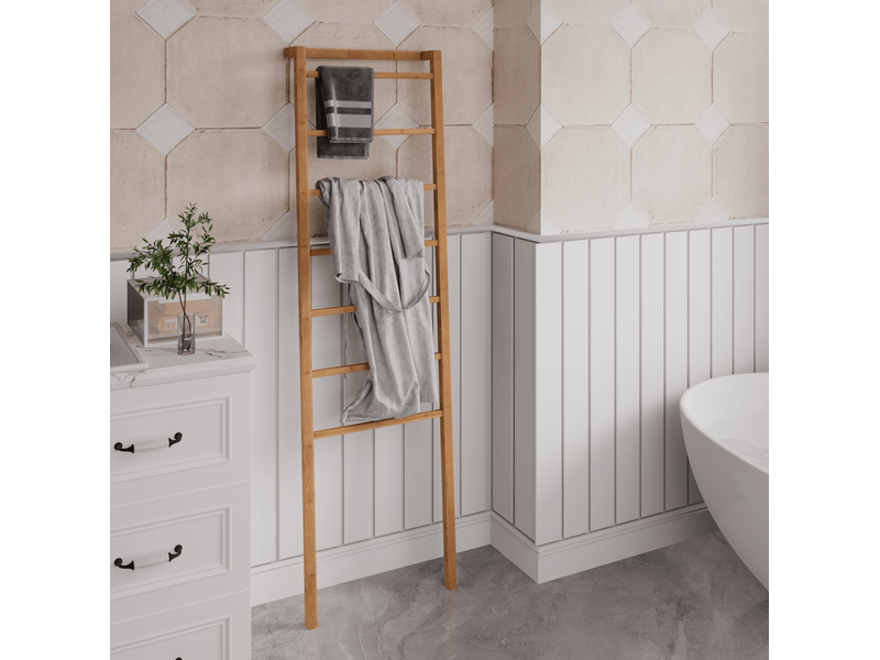  Échelle porte-serviettes en bambou à 7 barreaux, sans perçage, 50 x 22,9 x 172,7 cm pour salle de bains  - Conforama D