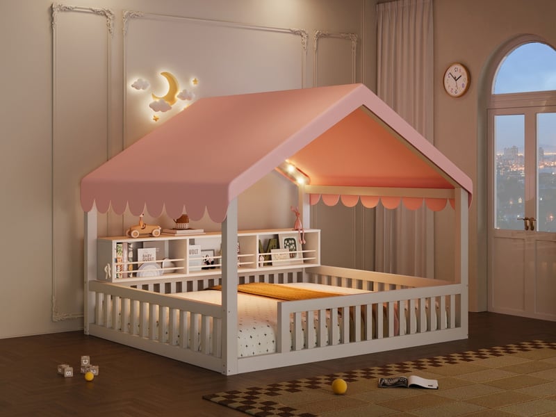  Lit cabane 140x200 cm en bois blanc avec ciel de lit, guirlande led, bibliothèque et barrières de sécurité  - Conforama B