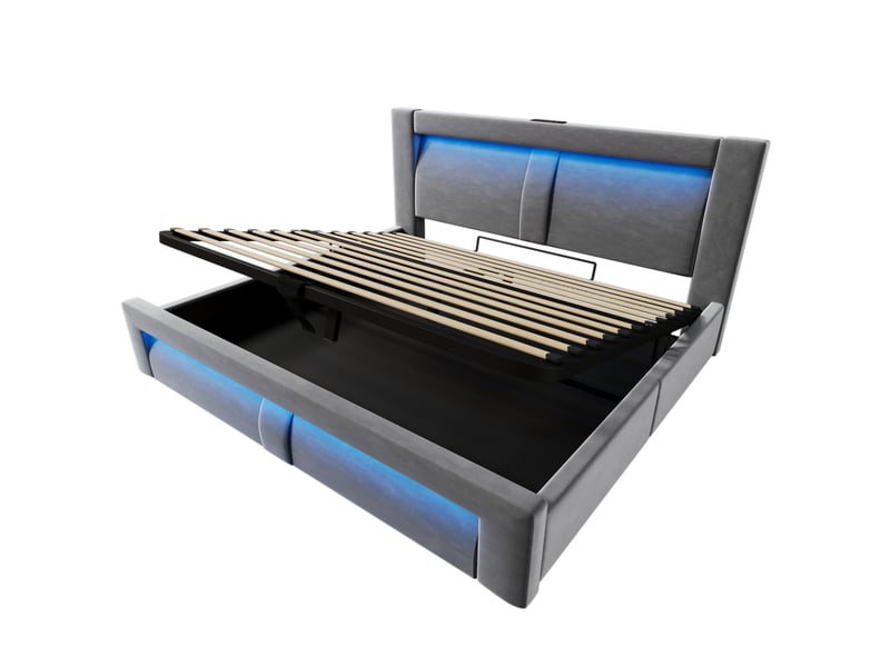  Lit coffre adulte 160x200 cm – gris – rangement hydraulique, led, usbusb-c et matelas inclus  - Conforama D