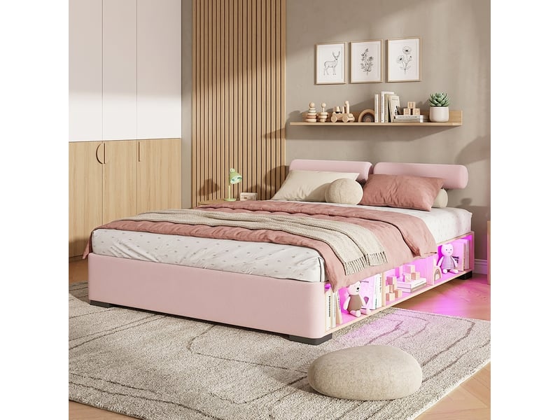  Lit enfant rembourré rose en velours, 140 x 200 cm, avec étagère latérale et éclairage led  - Conforama B