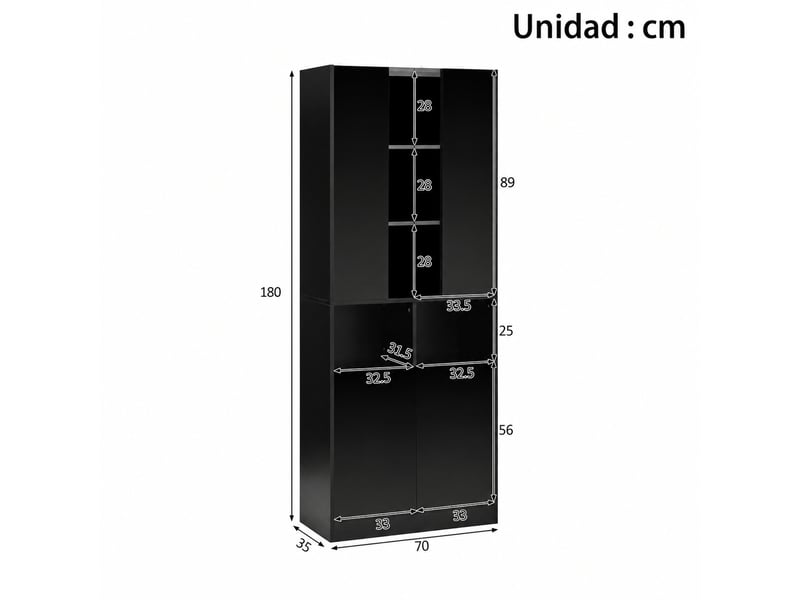 Armoire haute à 4 portes avec led pilotée par application - lpospi - 2 niches, mdf et panneaux de particules noir - Conforama E