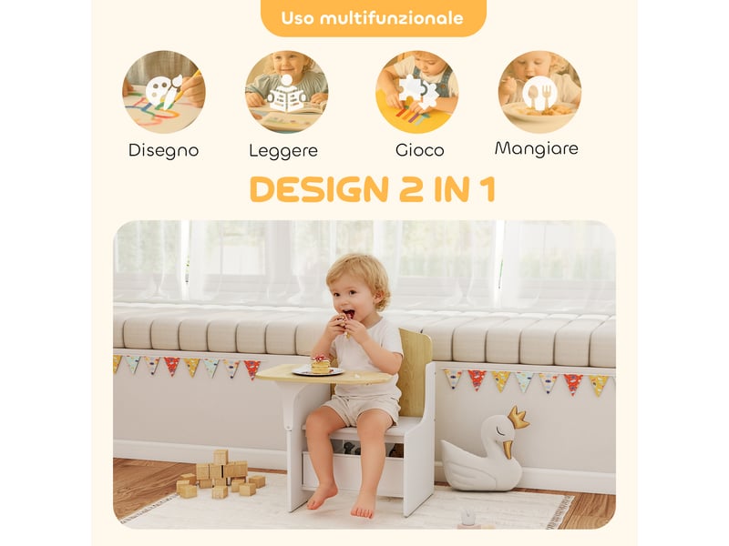  Ensemble table et chaises pour enfants de 3 à 5 ans, en mdf avec motifs de cœurs et rangement intégré, blanc.  - Conforama E
