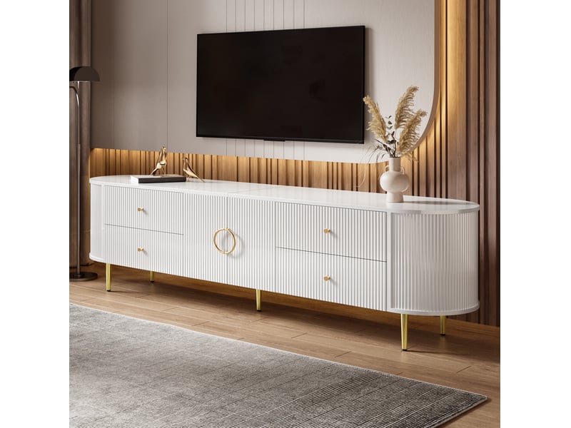  Meuble tv tcqpz 180 x 40 x 38 cm structure ondulée 3d bords arrondis mdf blanc passe-câbles  - Conforama B