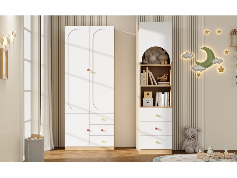  Armoire 2 portes avec penderie et bibliothèque à tiroirs, rangement vertical pour chambre d'enfant en mdf blanc naturel  - Conforama E