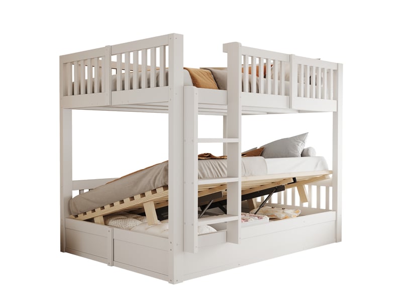 Lit superposé pour enfants 140 x 200 cm – rangement hydraulique sous le lit du bas – avec barrières de sécurité – blanc (matelas non inclus) - Conforama A