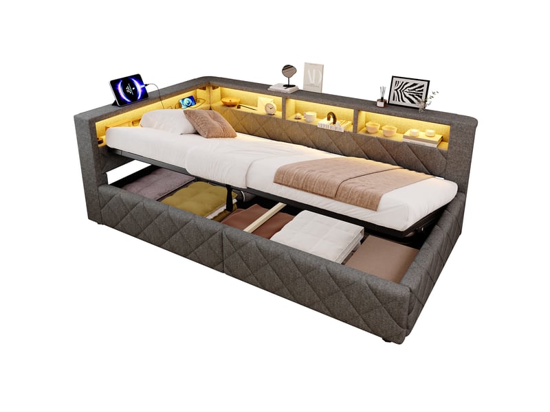  Lit enfant 90x200 cm avec rangement hydraulique, led et usb, lit coffre en lin avec tête de lit capitonnée et étagère - gris (sans matelas)  - Conforama A