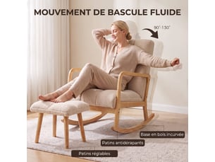 Fauteuil à bascule avec repose-pieds, rocking chair en tissu bouclette, 64,5 x 82 x 89 cm, pieds en bois, beige
