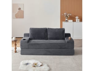 Canapé-lit 2 en 1 180 cm, canapé convertible avec porte-gobelets, poches de rangement, 2 coussins, tissu côtelé ,gris