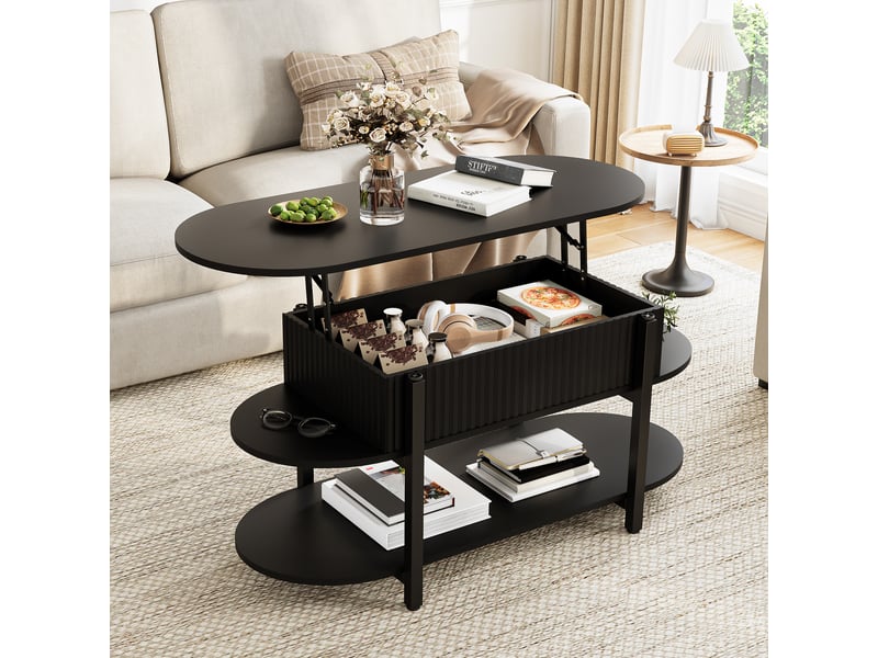 Table basse réglable en hauteur, plateau ovale, espace de rangement dissimulé, 106x50x45 cm,noir  - Conforama E
