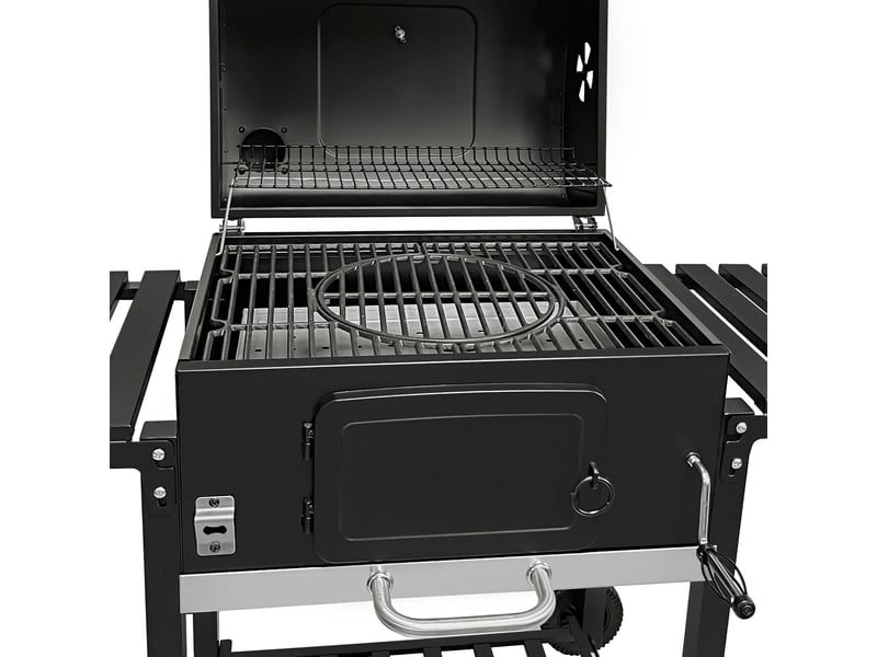  Barbecue fumoir xl au charbon sur chariot, cuisine extérieure jardin, acier inoxydable noir, 4 aérations, bac réglable, thermomètre, étagères, 217358 - Conforama C