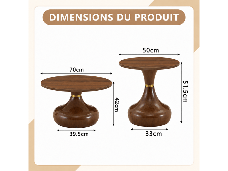  Tables basses gigognes avec 2 plateaux ronds et piètement sculpté, en mdf et métal, noyer, pour salon  - Conforama D
