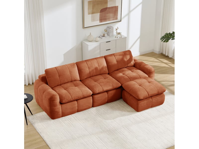  Canapé modulable 3 places en l modenvie avec ottoman, revêtement chenille, mousse haute densité 32d, orange, 264 x 160 x 68 cm  - Conforama D