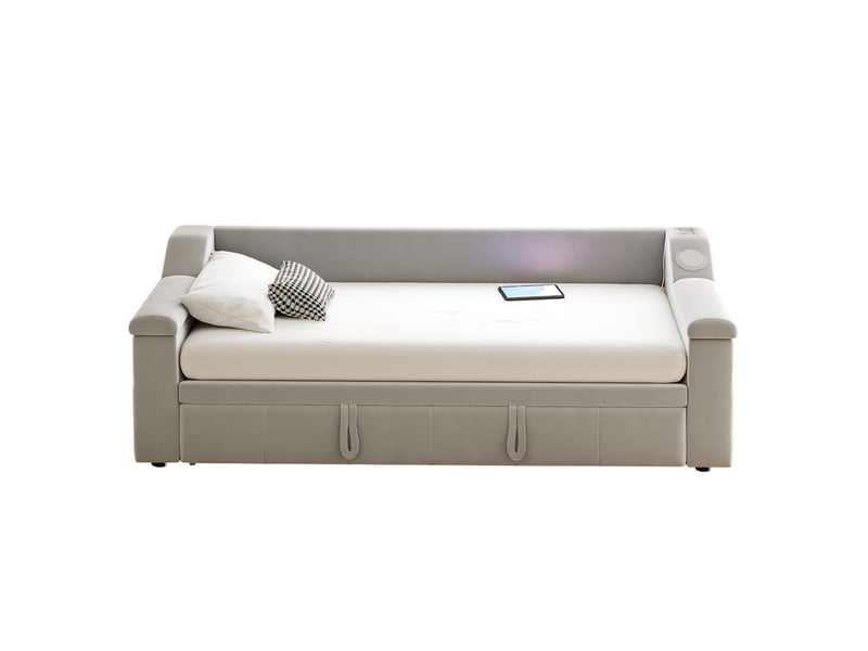  Lit canapé capitonné 90180*190 cm, enceinte bluetooth, usb, compartiments, velours gris clair  - Conforama A