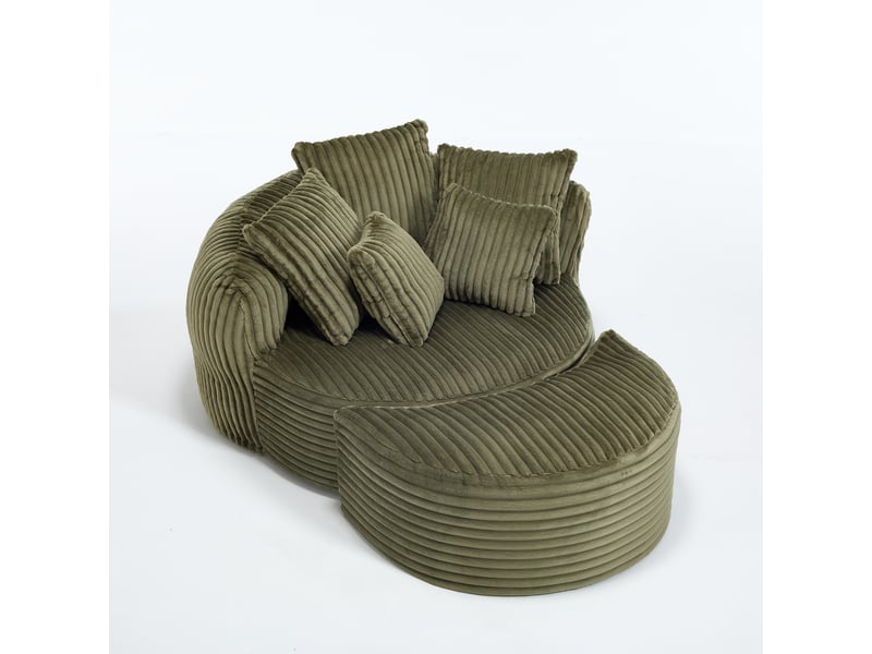  Fauteuil rond avec pouf - 168x123x63 cm - canapé lit lounge velours côtelé avec 5 coussins sans structure rigide - vert  - Conforama A