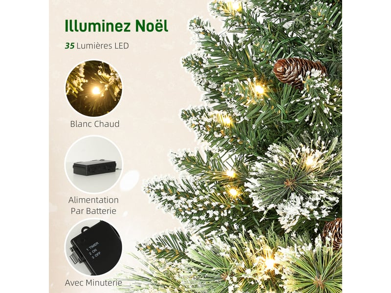 Sapin de noël artificiel 60 cm, mini arbre de noël de table floqué avec 35 led, fonctionne à piles, pommes de pin, vert  - Conforama E