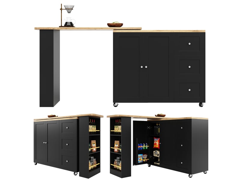  Îlot de cuisine noir table de bar pivotante à 360° (135-203x39x106 cm) avec rangement, roulettes et étagère à snacks  - Conforama B