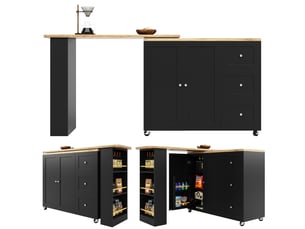 Îlot de cuisine noir table de bar pivotante à 360° (135-203x39x106 cm) avec rangement, roulettes et étagère à snacks