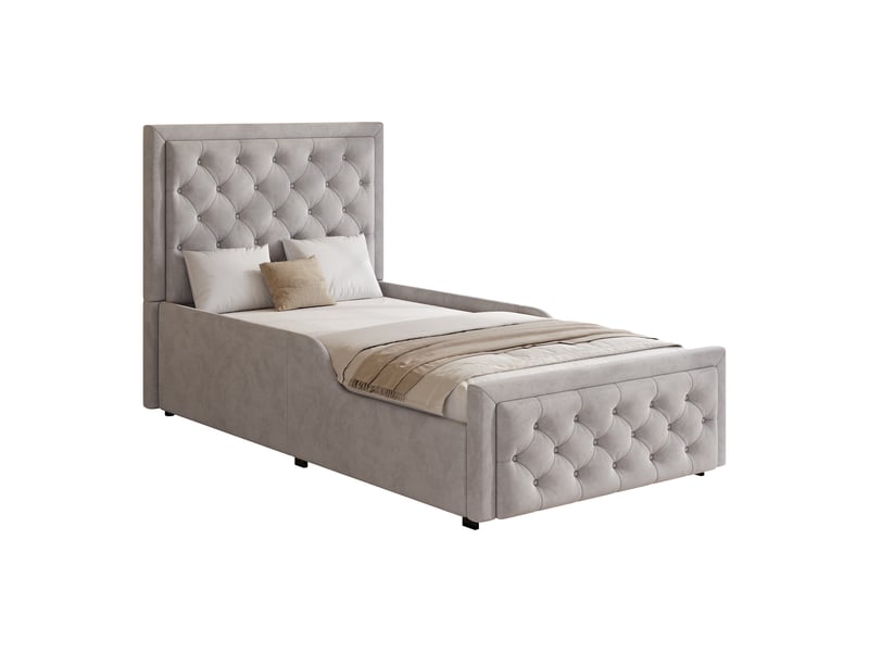 Lit coffre hydraulique 90x200 cm enfant ado rembourré en velours gris avec tête de lit rembourrée, rangement et sommier à lattes Morn Vibe - Conforama A