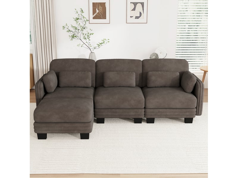  Canapé d’angle modulable tcqpz 3 places avec ottomane 253 x 143 x 88 cm chenille marron  - Conforama B