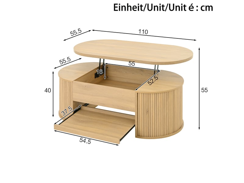  Table basse relevable en mdf naturel – plateau relevable et rangement – 110 x 55,5 x 40 cm  - Conforama D