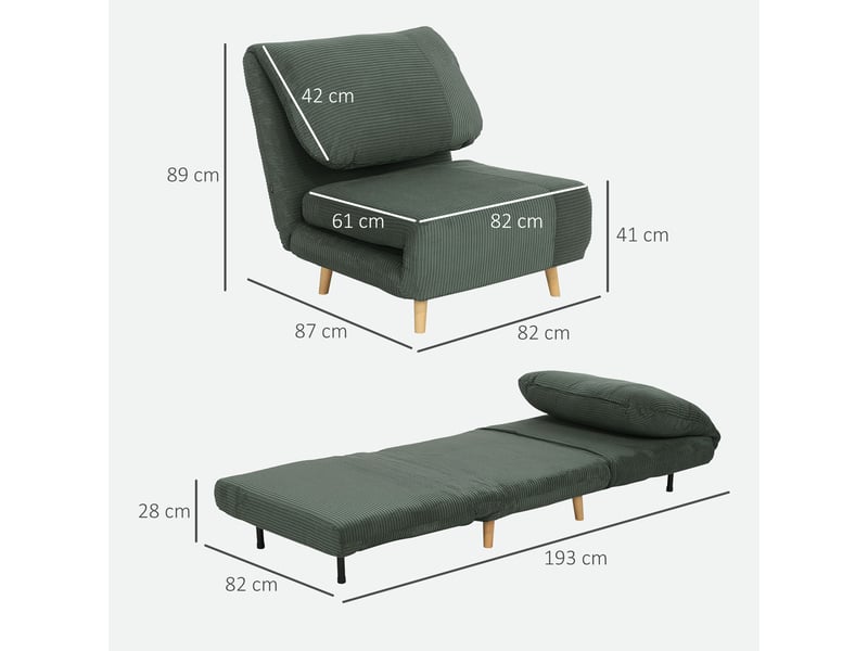  Fauteuil convertible 1 place en velours côtelé dossier inclinable vert 82 x 87 x 89 cm  - Conforama C