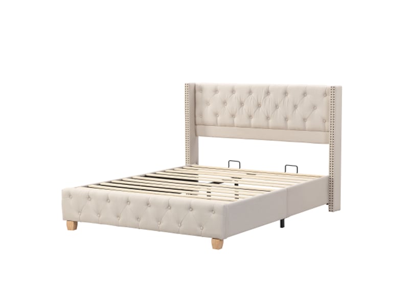  Lit 160x200 cm en lin beige – tête capitonnée, sommier à lattes, pieds bois – design moderne  - Conforama A