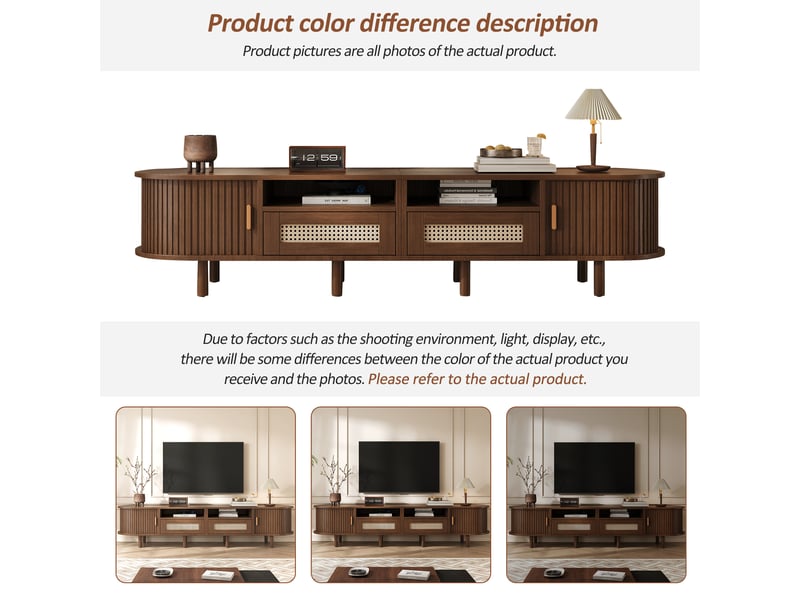  Meuble tv ovale 170x40x40 cm effet noyer, 2 tiroirs en rotin, 2 portes coulissantes, pour tv jusqu’à 70 pouces  - Conforama E