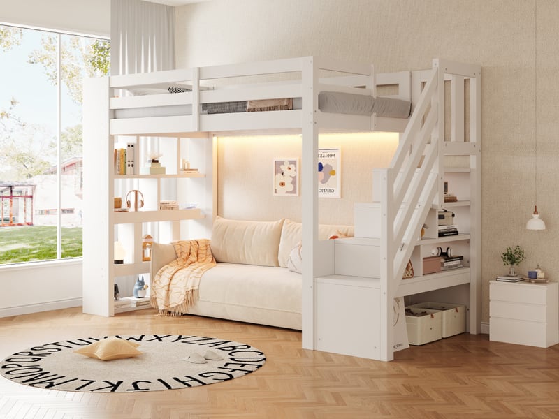 Lit mezzanine 90 × 200 cm, led, escalier de rangement et bibliothèque, espace inférieur libre, pin et mdf, blanc - Conforama B