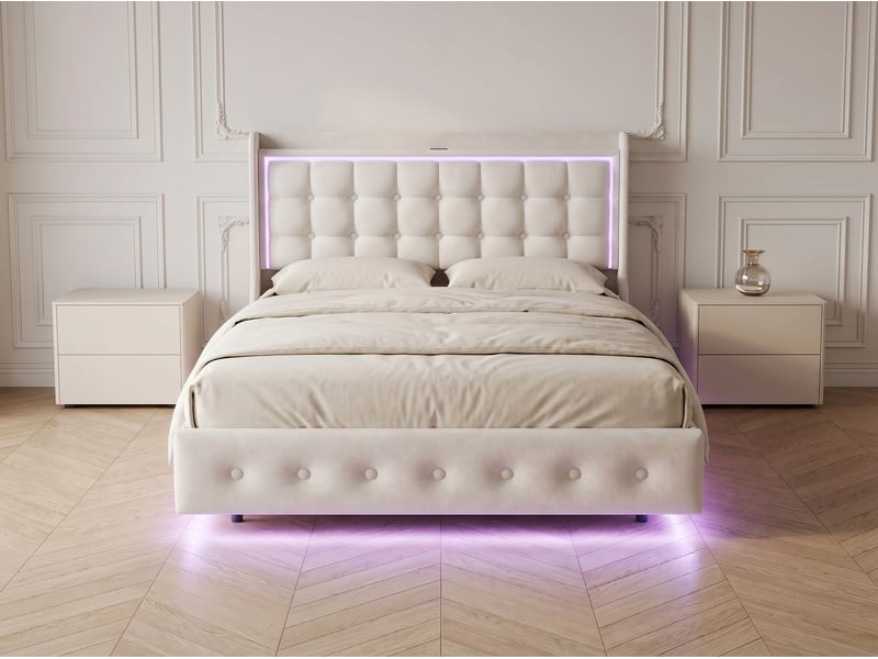  Lit 2 places - blanc - led et tête de lit capitonnée avec étagère  - Conforama D