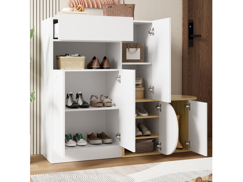  Meuble à chaussures 130x35x110,5 cm avec banc, 5 portes et tiroir blanc effet bois  - Conforama D