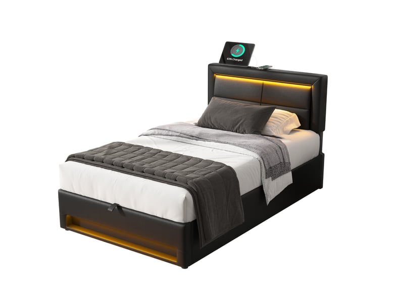 Lit coffre 90x200 cm avec charge sans fil + usb intégrée, lit simple avec éclairage led, noir en pu motif litchi, sommier à lattes inclus - Conforama A