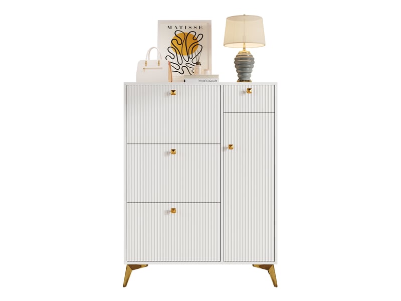 Meuble à chaussures 90x25x121 cm blanc avec 3 abattants, tiroir et porte - Conforama A
