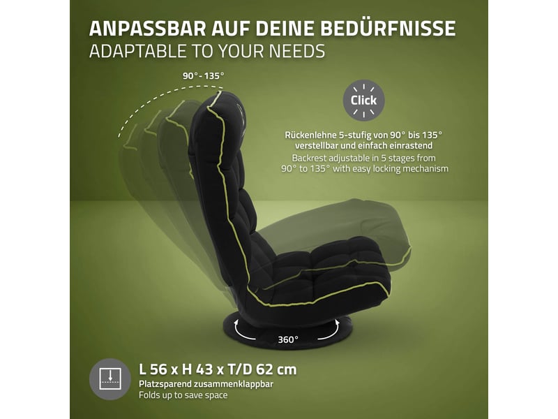 Ml-design fauteuil de sol gaming noir-vert pivotant 360° modèle de jeu pliable avec appui-tête dossier réglable et rembourré siège multi-positions relaxant confort pour lounge salon ou chambre ECD Germany GmbH - Conforama D