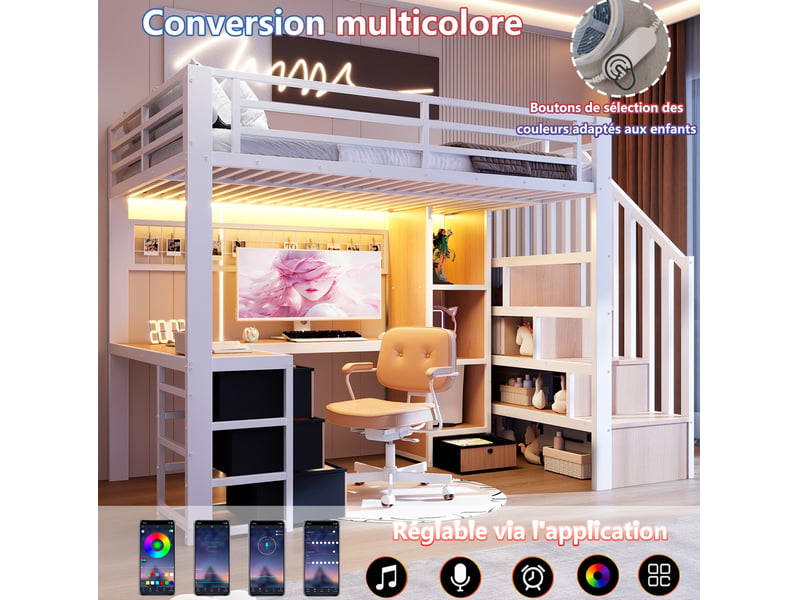 Lit mezzanine 90x200 cm avec 4 tiroirs, lit enfant simple, led, bureau, escalier, rangement, métal, blanc sans matelas  - Conforama D