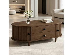 Table basse avec 2 tiroirs et portes coulissantes, finition noyer, en mdf et bois, pour salon, 100 × 50 × 36 cm